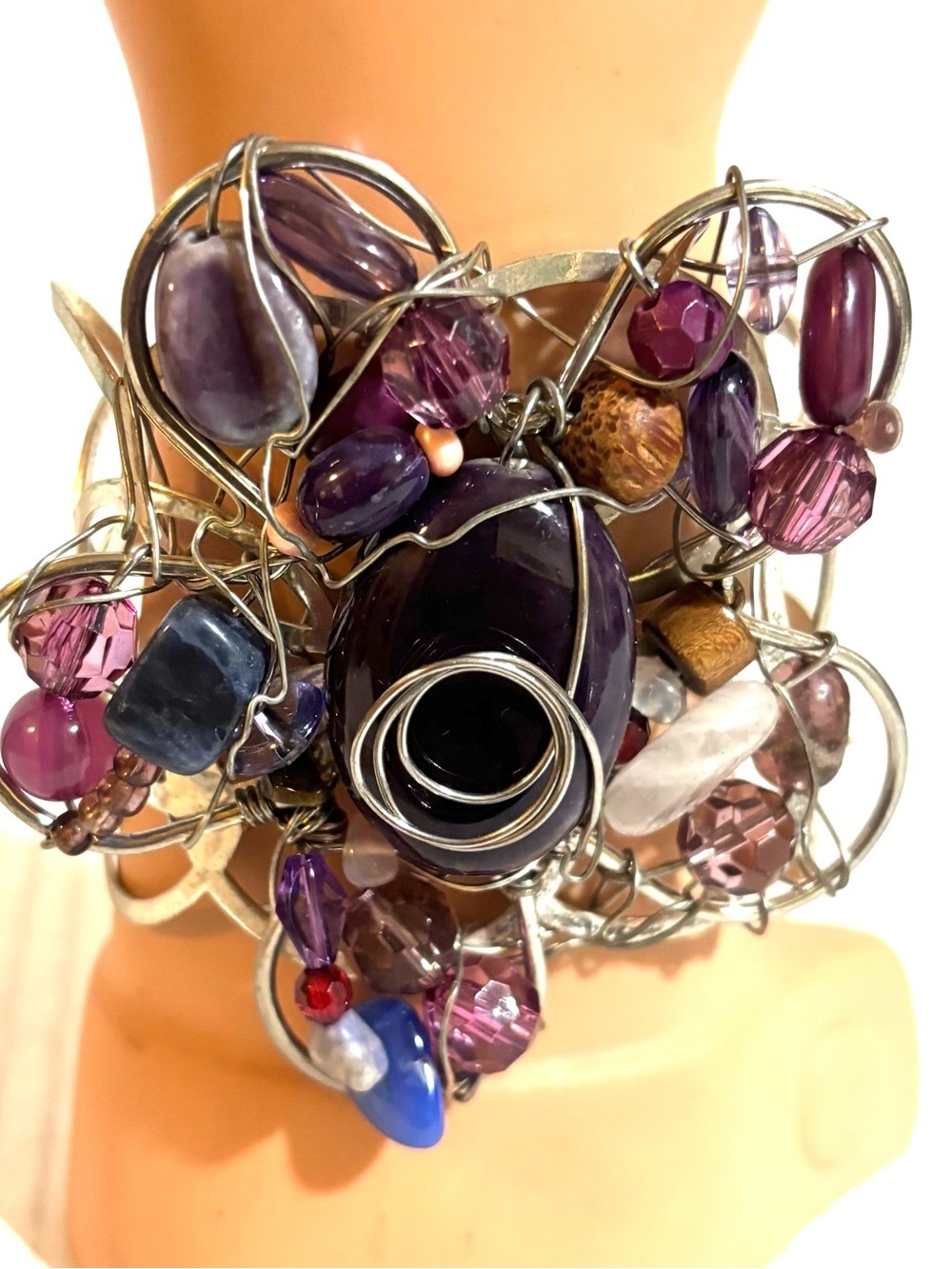 Artisan Purple Multi-Bead Statement Cuff Bracelet -